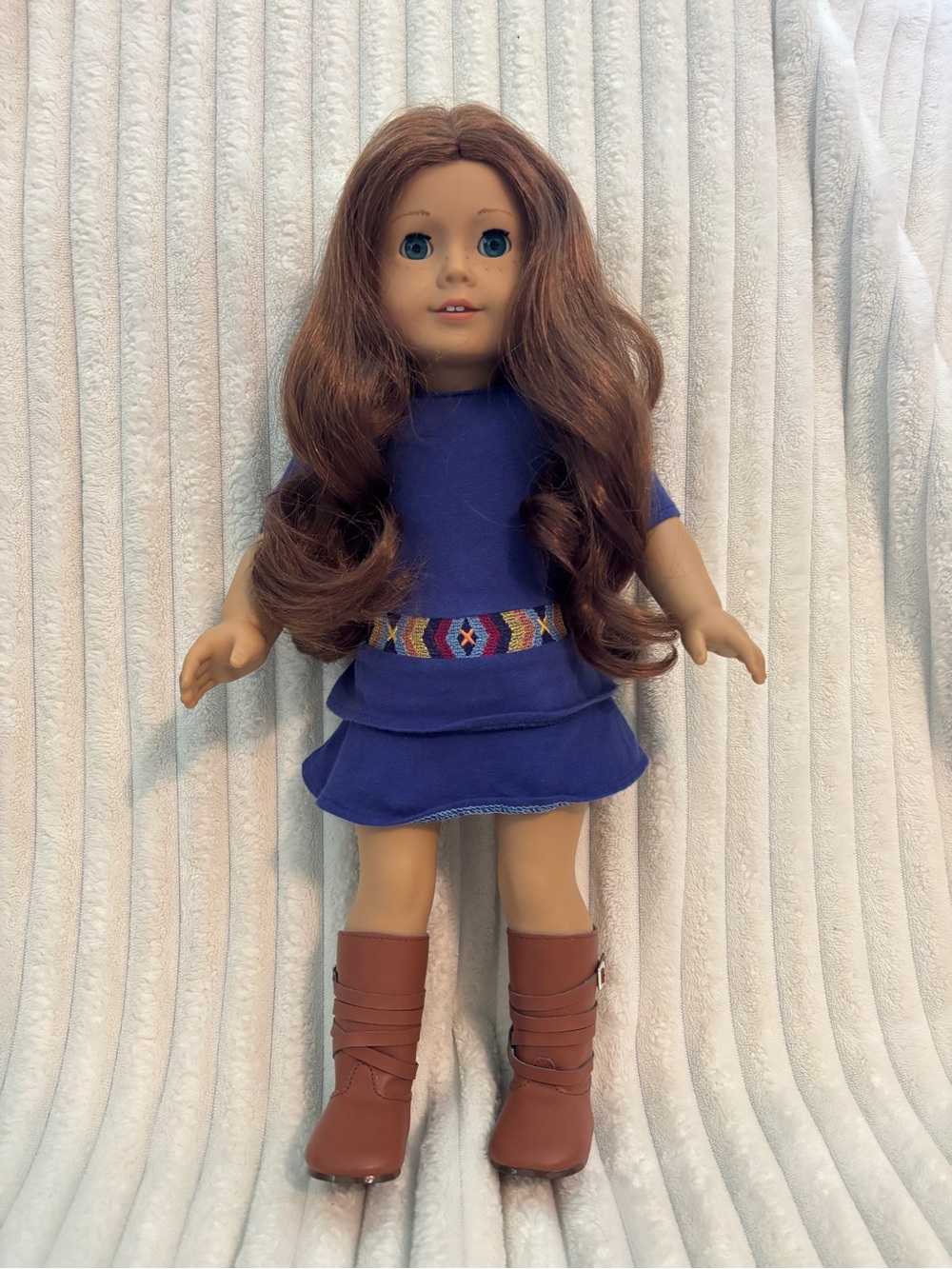 American Girl Saige Doll in Blue Dress with Multicolor Woven Belt - Picture 2 of 8